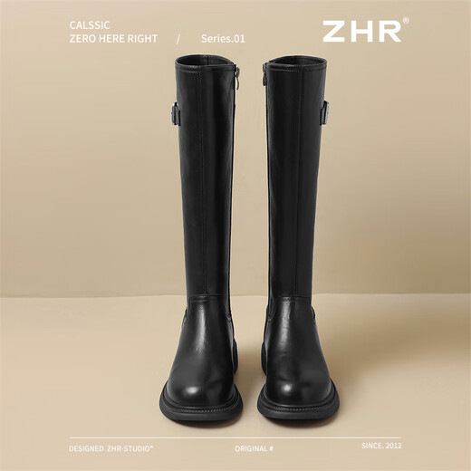 ZHR long boots for women, fashionable pleated knight boots for women, winter plus velvet, thick-soled women's boots, BL323A, black 38