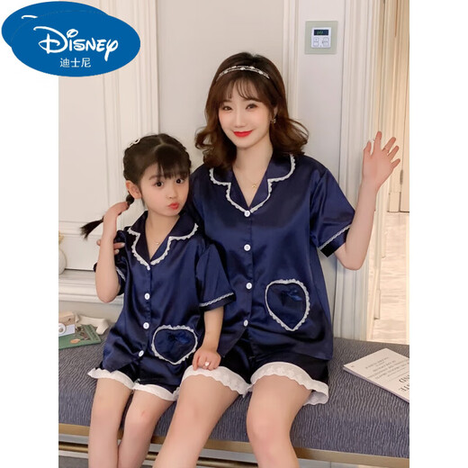 迪士尼（Disney）亲子睡衣夏季冰丝真丝绸短袖薄款母女大童女孩儿童空调家居服套装 QN1049短袖长.裤 S码 【适合体重65-80斤】