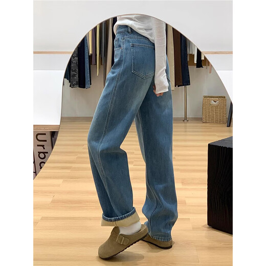 Cotton narrow version straight-leg plus velvet thickened jeans for women autumn and winter casual pants new high waist slimming small wide legs blue 11 plus velvet high quality 36 L 105-115Jin Jin is equal to 0.5 kg