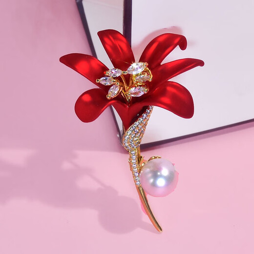 QUAMER gold store style red rose brooch, high-end women's 2024 new fashion, personality, temperament, small fragrant breast, lily red flower