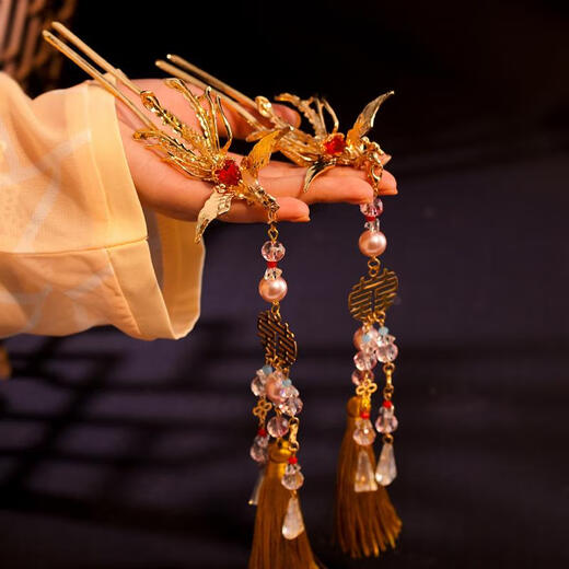 Shengli new Chinese style phoenix hairpin step shake bride wedding Xiuhe hair headdress 2024 new hairpin cheongsam hair accessories a pair of phoenix long pearl hairpin