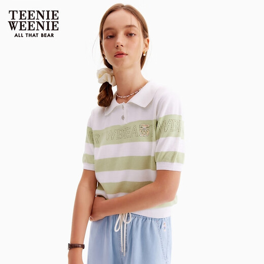 Teenie WeenieZT summer casual hollow thin comfortable striped short-sleeved sweater for women light green 155/XS