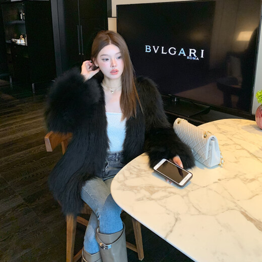 YOSOBOMO貉子毛编织皮草外套女2024新款网红洋气毛毛大衣显瘦P9755 奶咖色 均码
