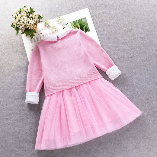 Little Bear Elf (xiaoxiongjingling) children's clothing girls dress sweater princess skirt suit autumn and winter little girl knitted cardigan jacket fashionable and western style 036 plus velvet pink (jacket + dress + small shoulder bag 120 size (recommended height around 110-120 cm)