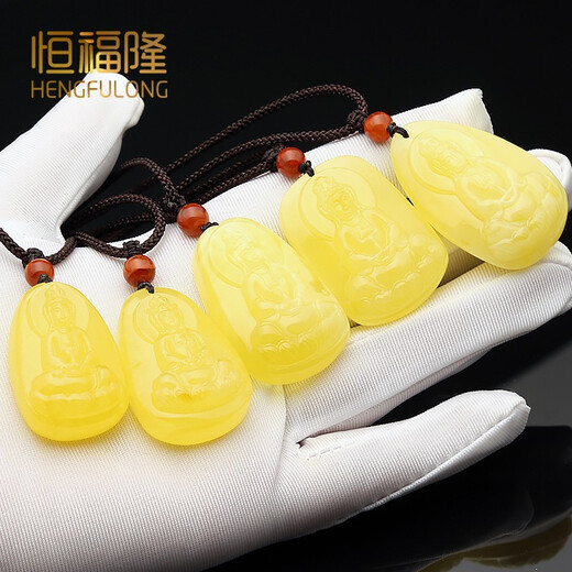 Tingbai Hengfulong natural beeswax Guanyin pendant for men and women original ore chicken oil yellow amber carved Buddha clavicle chain No. 3977 9.71 g