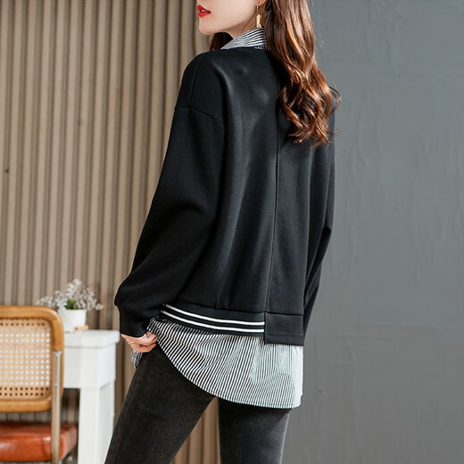 Shani Doro large size women's loose fat mm spring and autumn winter clothing new slim model fake two-piece velvet warm sweatshirt for women 17491 black velvet 2XL recommended 140-160Jin Jin equals 0.5 kg to wear