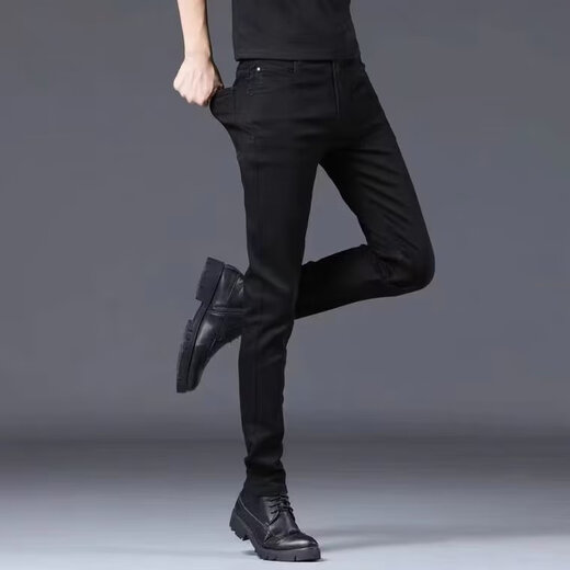 益帛黑色牛仔裤男冬季新款加绒韩版修身弹性显瘦时尚休闲小脚长裤子男 黑色 31 【建议115-125斤】