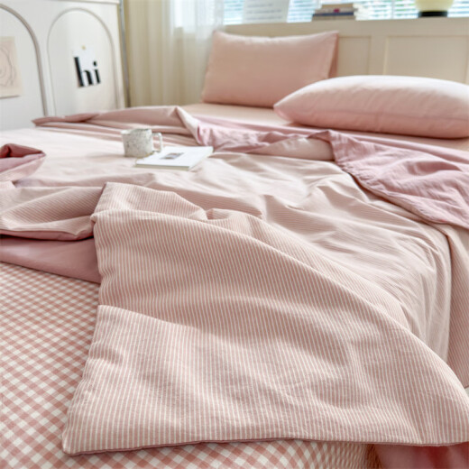 Yunmanqing Class A maternal and infant grade cotton air-conditioned quilt four-piece set soybean pure cotton summer cooling quilt dormitory single and double four-season cotton quilt small grid-pink (pillowcase stripe + plaid) 1.8-sheet style summer quilt four-piece set