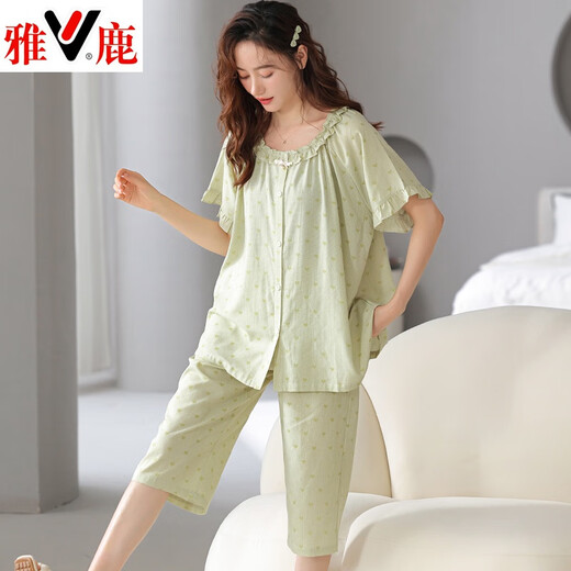 雅鹿梭织纯棉睡衣女夏季薄款短袖七分裤纱布全棉显瘦休闲家居服套装 5021 170(XL) 120-160斤