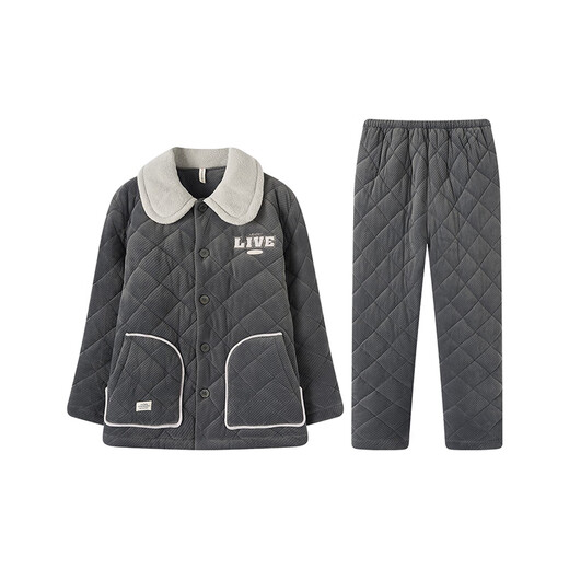 Fenton pajamas for men, three-layer thickened quilted, autumn and winter warm velvet lapel embroidered warm long-sleeved home wear set, retro gray-men's 2XL