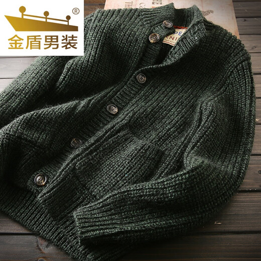 Golden Shield Wool Cardigan Italian Station Men's Autumn and Winter Thickened Knitted Sweater Jacket Green L (145-165Jin Jin equals 0.5kg)
