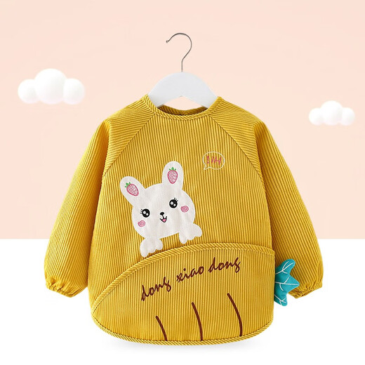 Yueqinyu baby smock, children's waterproof anti-fouling protective clothing for men and women, reverse clothing for autumn and winter baby eating bibs, crystal velvet apron, white rabbit yellow, size 90, recommended for 1-2 years old