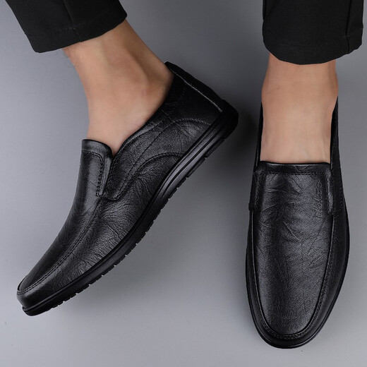 CLOHOO leather shoes men's spring and autumn genuine leather business casual breathable comfortable shoes men's formal shoes lazy beanie driving shoes black four seasons 43