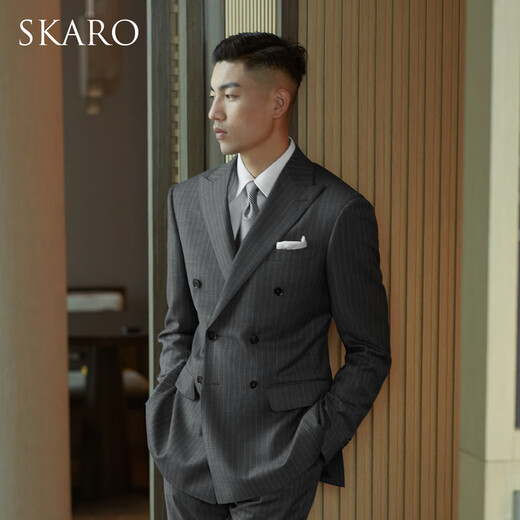 SKARO Australian MERINO wool double-breasted suit suit men's business slim gray striped suit Gray striped SKG1131 size 42 top and trousers size please note
