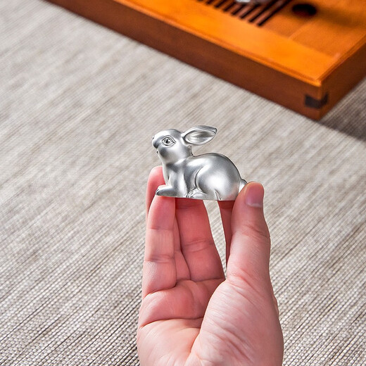 Guiyintang Pure Silver 999 Tea Pet Handmade Boutique Lucky Rabbit Tea Play Handle Pieces Can Raise Creative Ornaments Silverware Tea Set Accessories Welcome Rabbit + Certificate + Gift Box