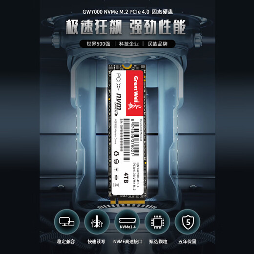 长城（Great Wall）2TB SSD固态硬盘 M.2接口(NVMe协议) PCIe4.0x4 读速高达7300MB/s GW7000系列