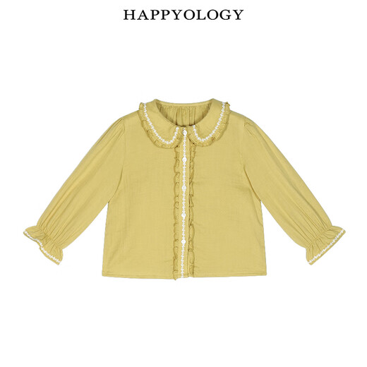 Happyology British children's shirts, girls' autumn tops, pure cotton long-sleeved earring lapel shirt, mustard yellow 86 (86cm)