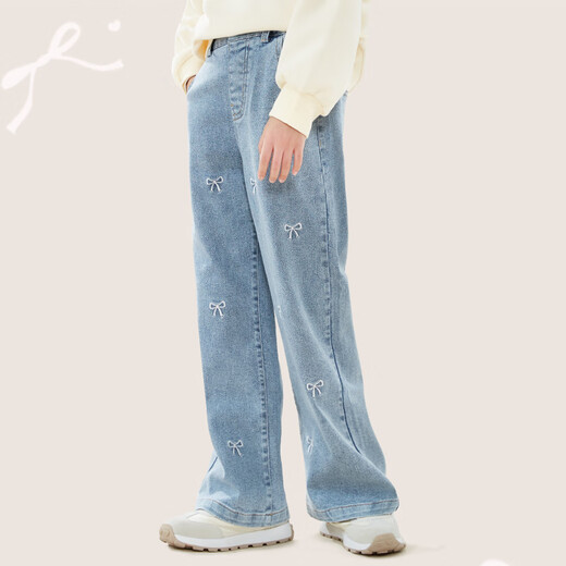 Domeowu Girls' Denim Flared Pants 25 New Autumn and Winter Children's Pants Medium and Big Children's Stretch Pants Bow Mid Blue 150