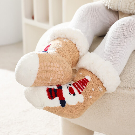 Wenlixuan winter velvet baby floor socks children's non-slip socks men's and women's socks thickened and warm cartoon mid-tube sleep socks Khaki Snowman S size 0-2 years old