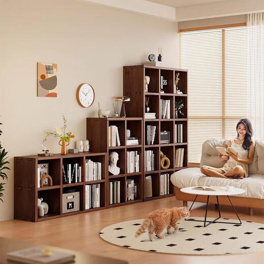 Small craftsman bookshelf solid wood floor-standing one-piece grid cabinet living room home bookcase simple storage storage rack antique sandalwood 8-grid cabinet
