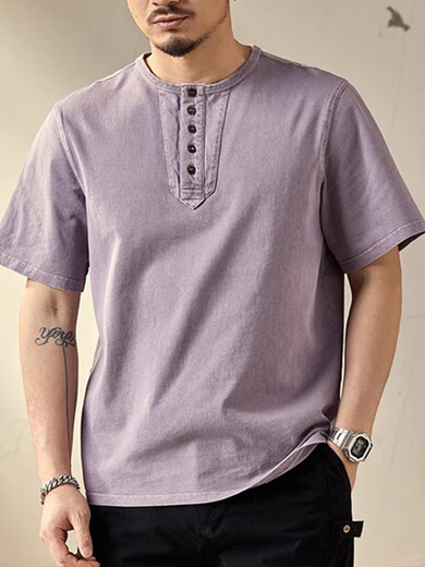 Xiaohongshu's popular high-end retro short-sleeved T-shirt for men in summer loose large size tough guy casual Henry collar bottoming shirt Mocha brown S S90-115Jin Jin is equal to 0.5 kg
