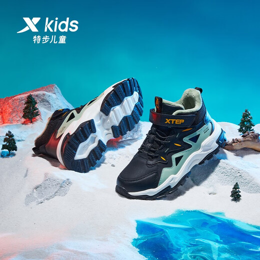 Xtep children's new winter new thickened velvet warm high-top cotton shoes for middle and older children with Velcro sports shoes black/grey grass green 38