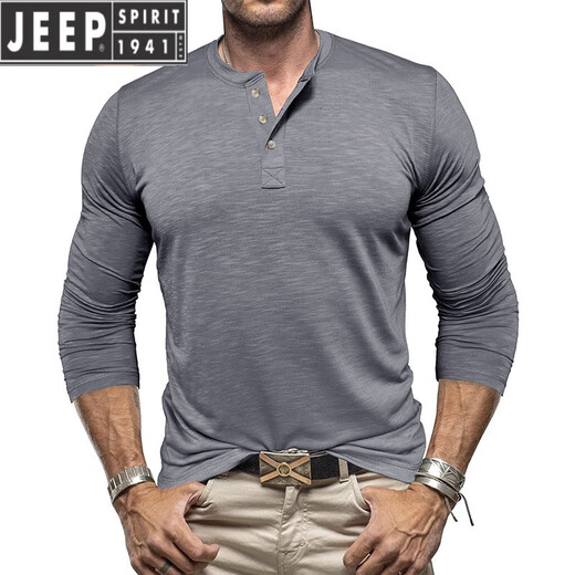 JEEP SPIRIT European and American tough guy Ami khaki American retro loose T-shirt cotton Henry collar long-sleeved inner layered shirt trendy men's military green XL