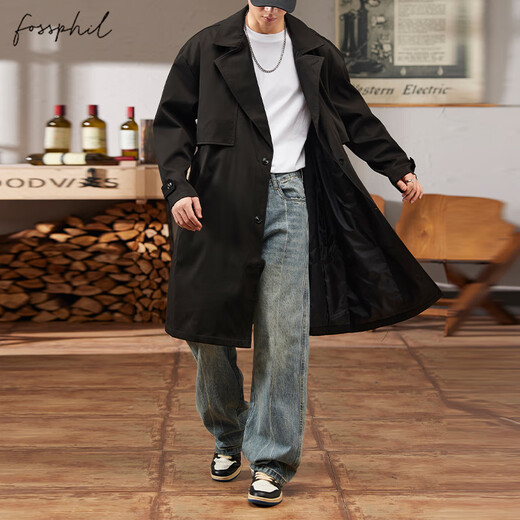 Foss Phil windbreaker men's autumn and winter loose casual mid-length jacket light mature style coat jacket 2407 black M