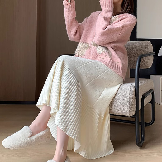 Yijian knitted pleated skirt for women in autumn and winter, small, high-waisted, slim, mid-length, a-line umbrella skirt, long skirt, versatile knitted pleated skirt, off-white - one size fits all (recommended 80-120 Jin Jin equals 0.5 kg)