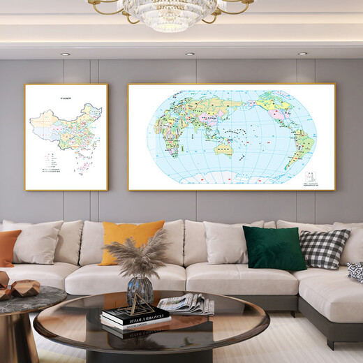 陶然北路中国世界地图中英文装饰画客厅挂画书房地理墙画会议室办公室壁画 12173/12175（中文版） 60*80/160/80油画布画面/黑框
