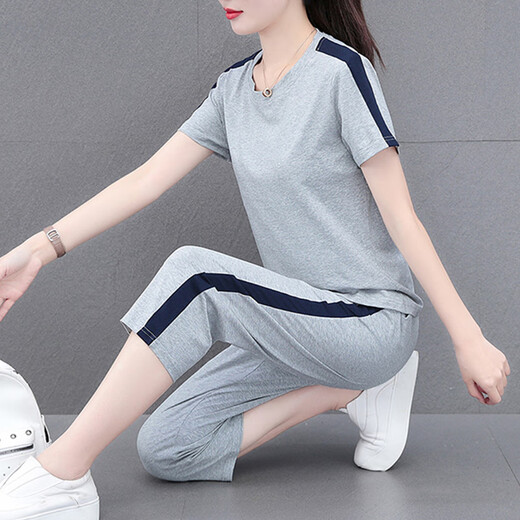 
NY-EMMA sports suit for women short-sleeved summer thin high-end stylish small casual and fashionable running suit two-piece set 683 khaki (crop pants set) XL (recommended 110-125 Jin [Jin equals 0.5 kg])