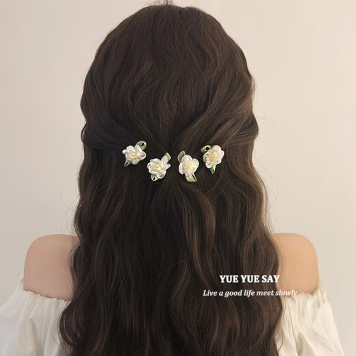 松窗梦语 少女与茉莉 复古氛围感缎面花朵发夹 气质小众刘海边夹碎发卡发 小花朵发夹两个装