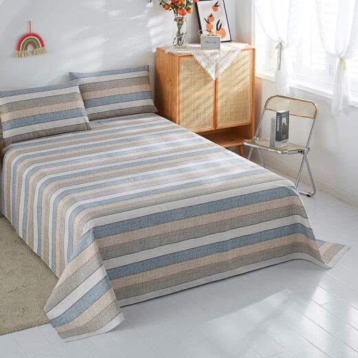 Whale Douyun cotton old coarse cloth sheets and mat three-piece set machine washable pure cotton thickened sheets summer coarse cloth mats ancient rhyme stripes 0.9 meters bed-sheets 120*230cm+one pillowcase