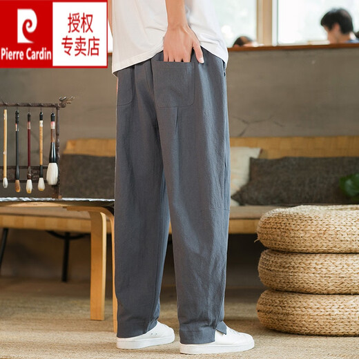 皮尔卡丹复古亚麻休闲裤男春夏中国风大码阔腿裤棉麻功夫太极裤宽松哈 灰色 L (140斤下)