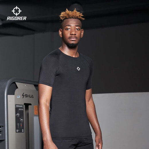 Accurate short-sleeved compression clothing quick-drying high-elastic fleece fitness clothing training sports running T-shirt short-sleeved bottoming tights for men Z123210348/pure black 2XL (185)