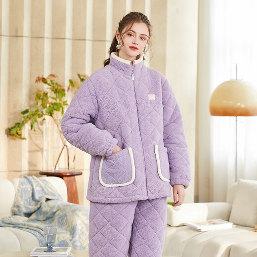Fenton Couple Pajamas Autumn and Winter Zippered Long Sleeves Anti-static Imitation Sheep Velvet Quilted Warm Home Wear Pajamas Lavender Purple-Women's L