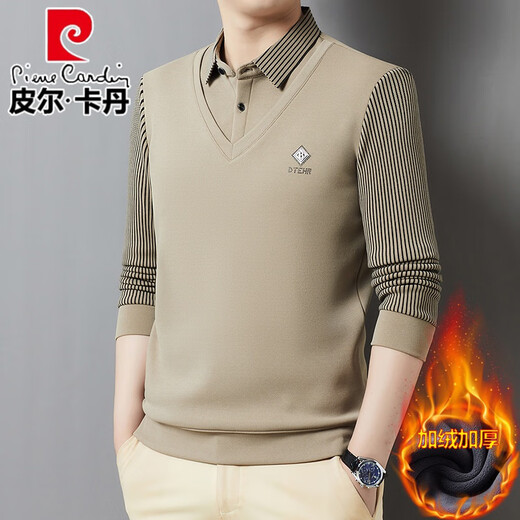 Pierre Cardin brand autumn and winter men's fake two-piece velvet collar striped casual pullover bottoming shirt men's top khaki 4XL 130-