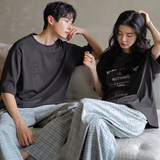 In Shimmer, summer pure cotton couple pajamas, thin short-sleeved plaid trousers set, large size cool cotton pajamas set, men's XL