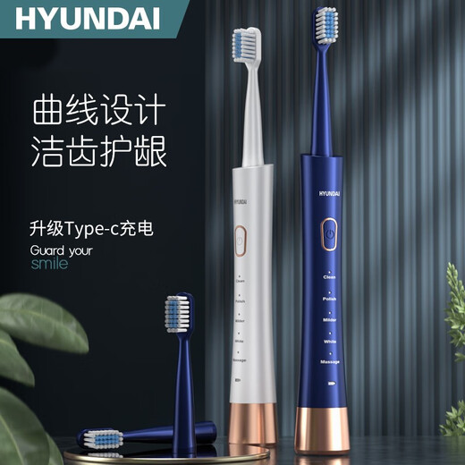 HYUNDAI Electric Toothbrush Adult Rechargeable Couple Set Sonic Fully Automatic Soft-Bristled Men and Women Men's and Women's Valentine's Day Gift Couple Set White + Blue Total 6 Brush Heads