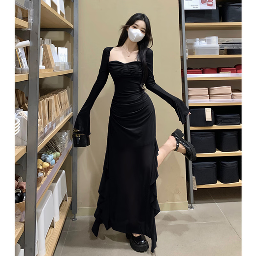 西儿气质辣妹风绝绝紫方领连衣裙女荷叶边拼接显瘦开叉气质包臀长裙 紫色连衣裙 L