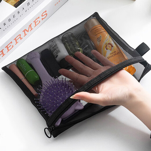 Mesh toiletry bag for women 2024 new style portable large capacity travel lipstick and skin care product storage bag outing small backpack black 1 pack (large size)