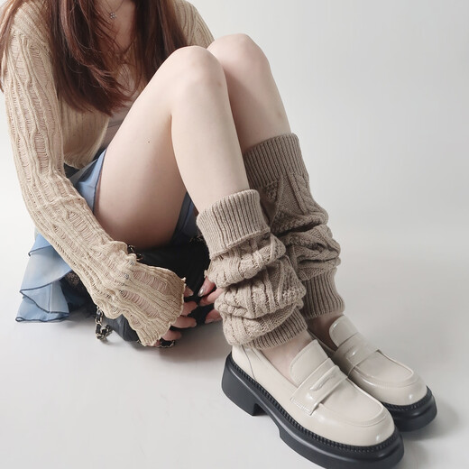 Qipao Japanese jk twist knitted cuffed socks Korean style black leg covers autumn and winter women's over-the-knee socks A39 coffee color 1 pair one size