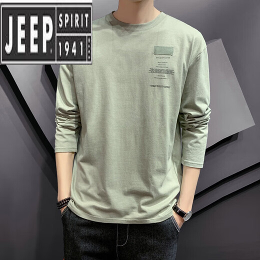 JEEP SPIRIT Langarm-T-Shirt Herren Herbst und Sommer neues trendiges, lockeres, dünnes Bodenshirt Herren Rundhals neues Produkt 643 Bohnengrün + 692 Grau 2 Stück insgesamt 3XL