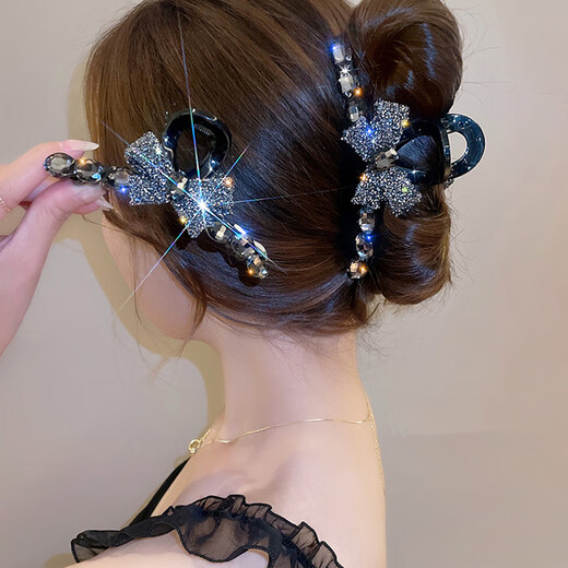 Zhuo Keke Full Diamond Bow Large Clip Women's 2025 New High-End Back Head Hair Shark Clip Temperament Hair Clip Headwear Full Diamond Bow-Grasp Black
