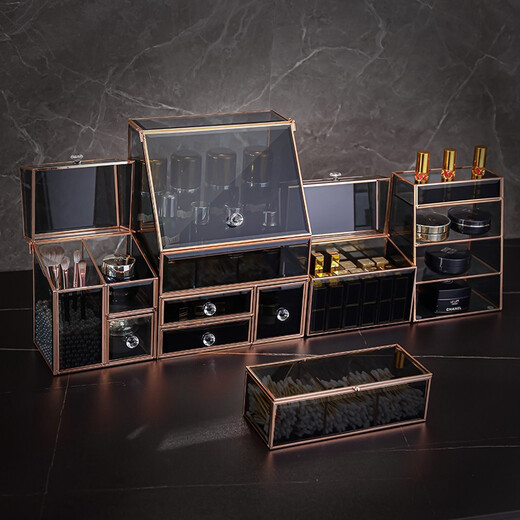 KAMAN glass cosmetics storage box, light luxury dust-proof desktop dressing table skin care product storage rack, 520 gift for wife, three drawers can store facial creams and facial masks