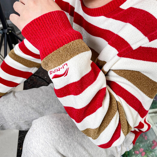 李宁轻薄毛衣套头男2025年春季新款日进斗金无帽锦纶新年卫衣AMBV051 白色条纹 AMBV051-1 日进斗金 S