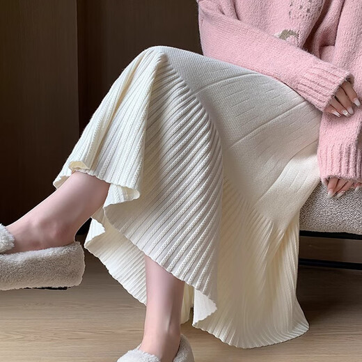 Yijian knitted pleated skirt for women in autumn and winter, small, high-waisted, slim, mid-length, a-line umbrella skirt, long skirt, versatile knitted pleated skirt, off-white - one size fits all (recommended 80-120 Jin Jin equals 0.5 kg)