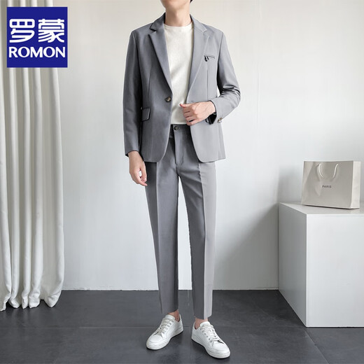 ROMON Casual Autumn and Winter Suit Men's Brown Loose, Handsome, Trendy and Mature Style Small Suit Jacket Brown Two-piece Suit + Pants L