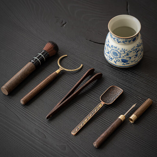 Xi Yuanji Blue and White Ru Kiln Tea Ceremony Six Gentlemen Enamel Tea Set Spare Parts Set Tea Clamp Tea Needle Pot Care Pen Tea Making Tools Fanhua Beige Ru Kiln Tea Ceremony Barrel + Ebony Accessories