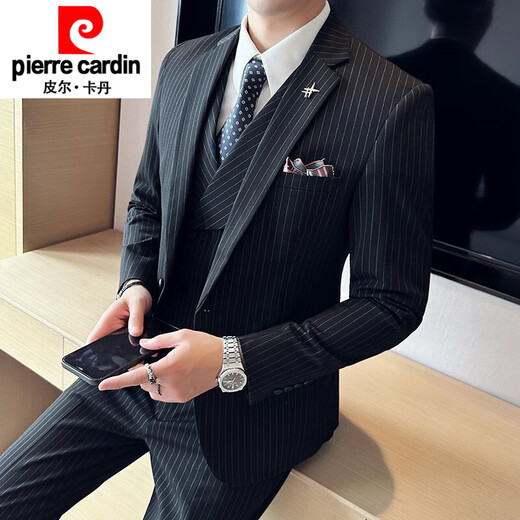 Pierre Cardin double-breasted business casual striped suit men's slim formal slit groom's groomsman suit knitted navy one-piece suit S